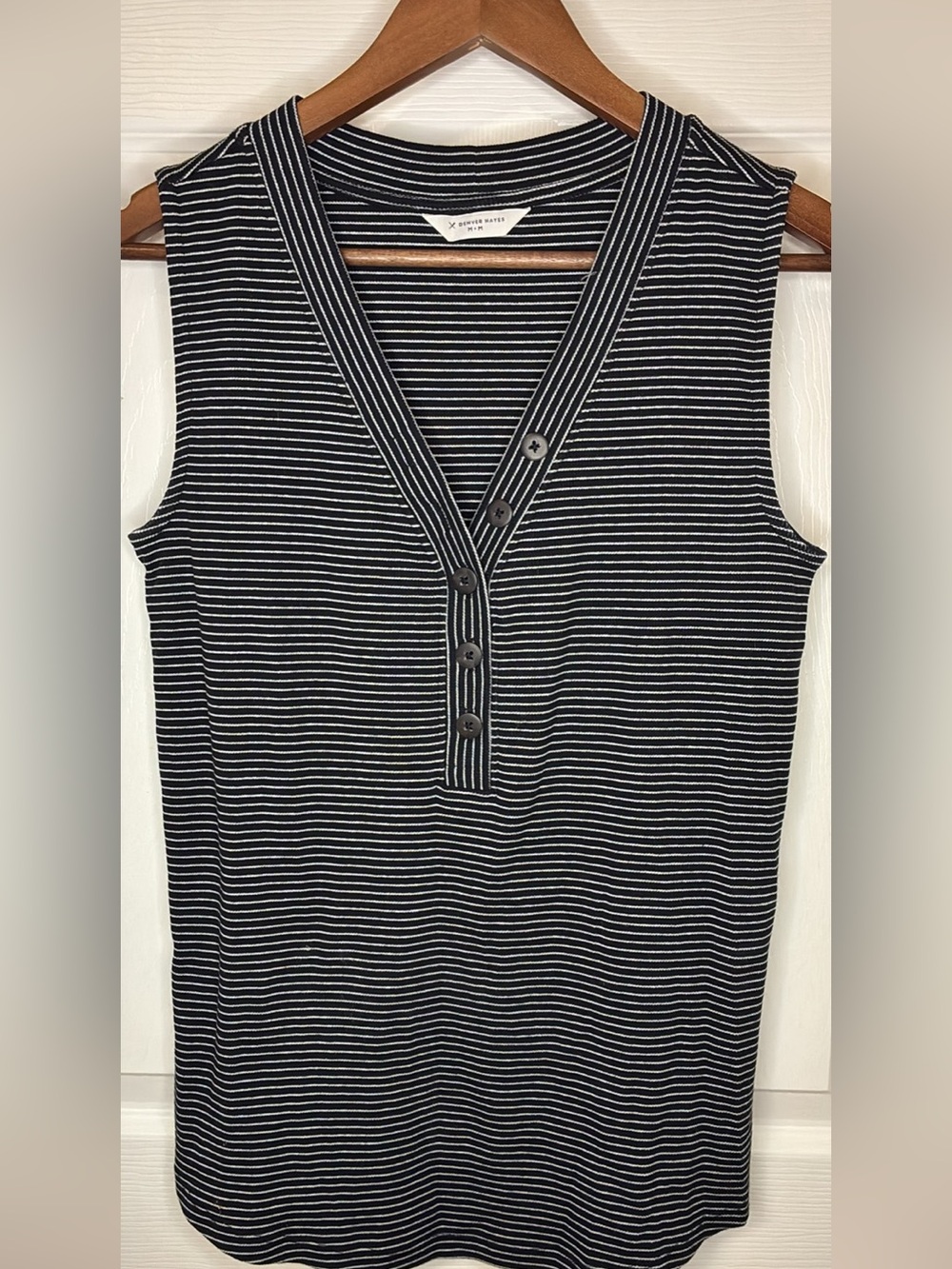 Denver Hayes Black & White Striped V-Neck Button Tank